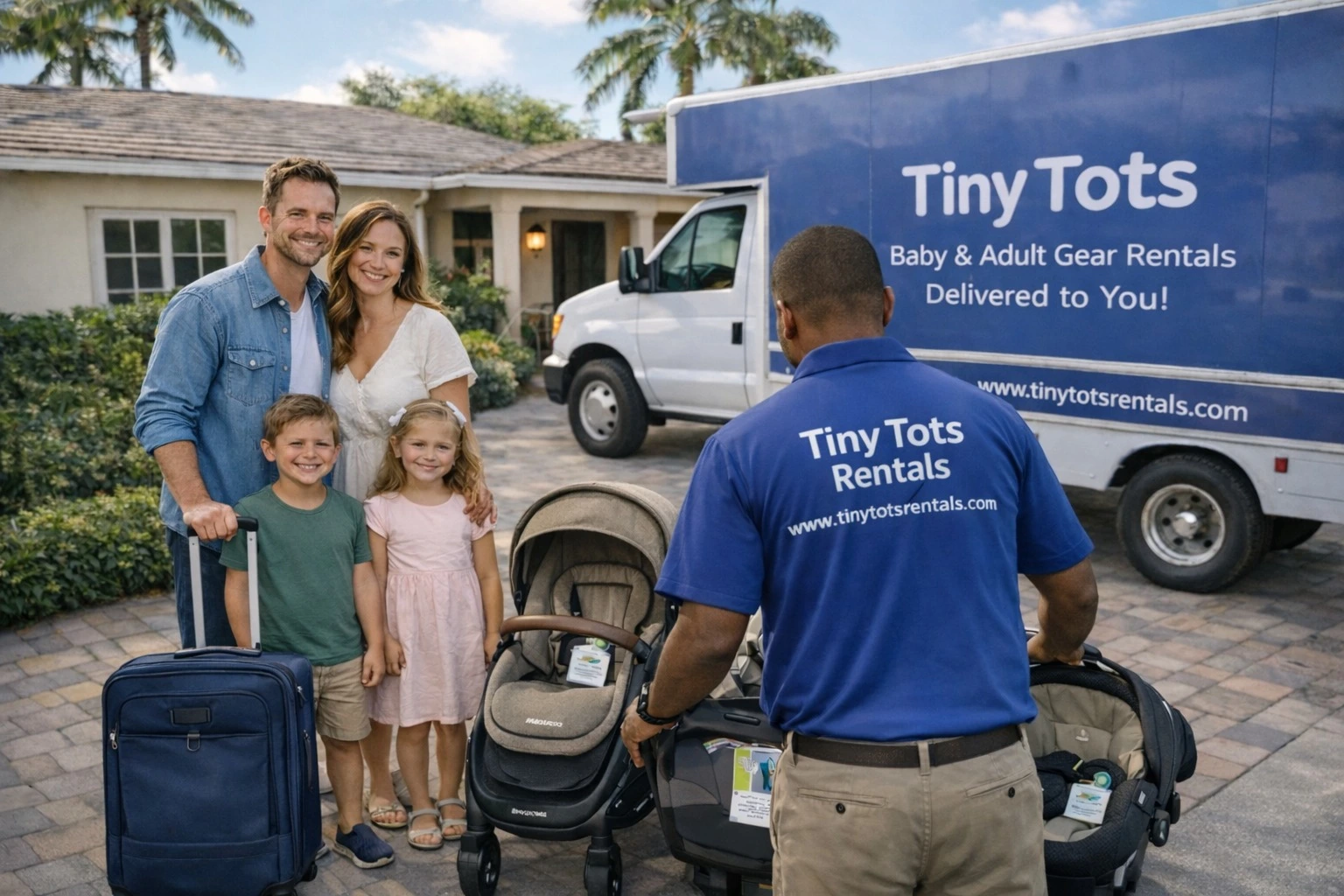 Family enjoying a trip with baby gear